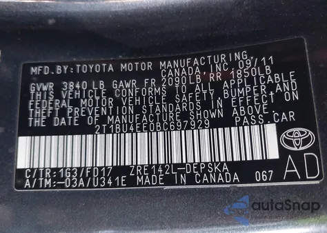 2011 Toyota Corolla S из США, поврежденный, VIN 2T1BU4EE0BC697929